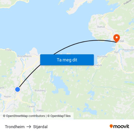 Trondheim to Stjørdal map