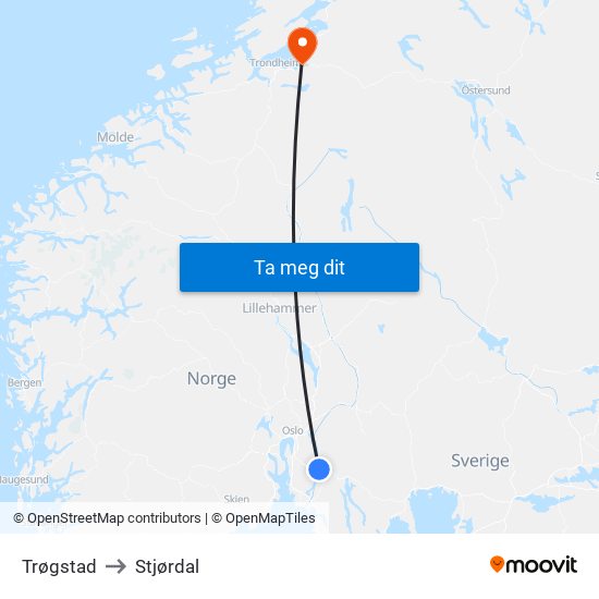 Trøgstad to Stjørdal map