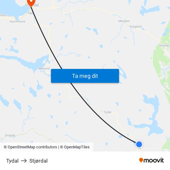 Tydal to Stjørdal map