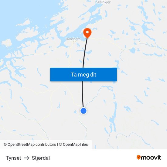 Tynset to Stjørdal map