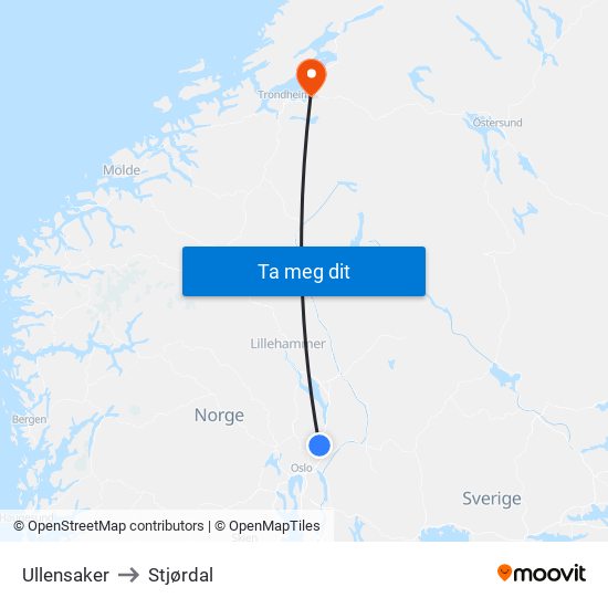 Ullensaker to Stjørdal map
