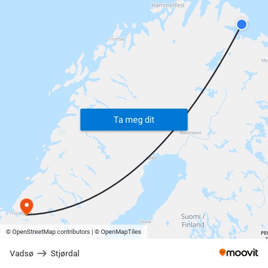 Vadsø to Stjørdal map