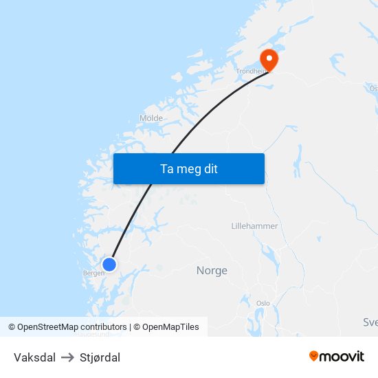 Vaksdal to Stjørdal map
