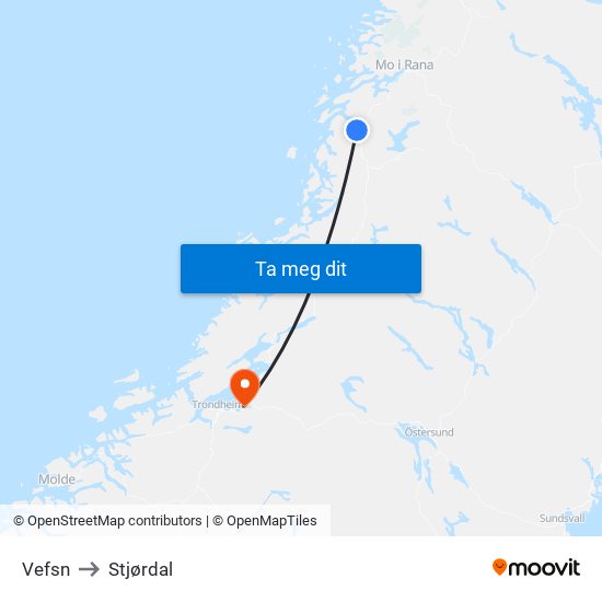 Vefsn to Stjørdal map