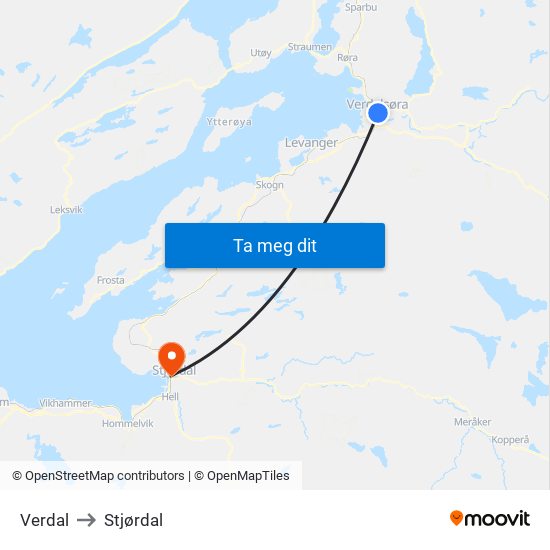 Verdal to Stjørdal map
