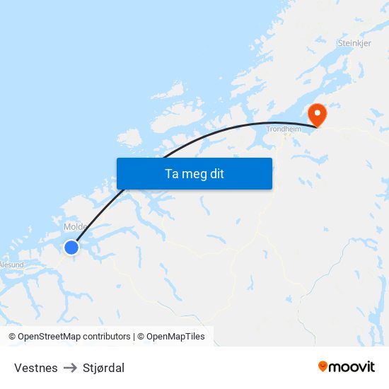 Vestnes to Stjørdal map