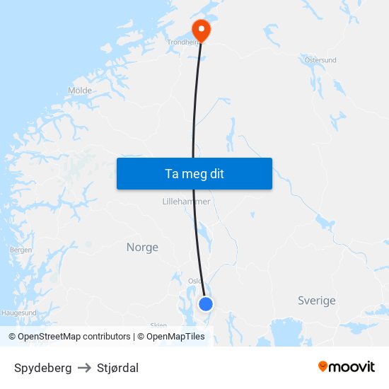 Spydeberg to Stjørdal map