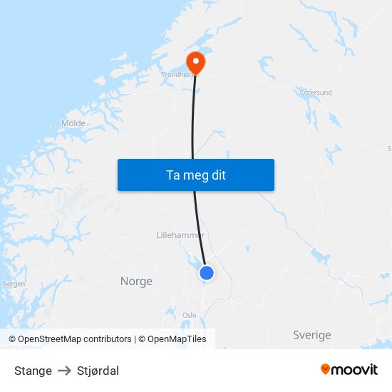 Stange to Stjørdal map