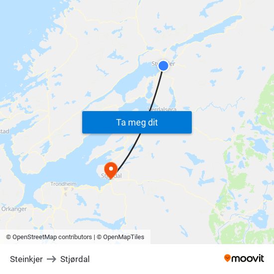 Steinkjer to Stjørdal map