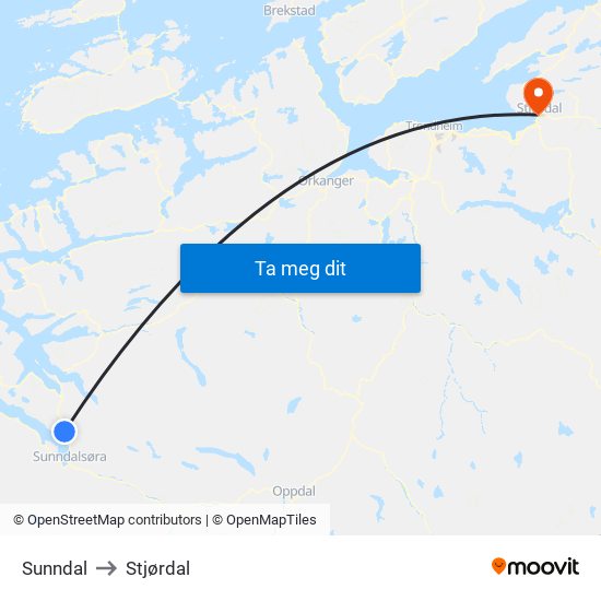 Sunndal to Stjørdal map