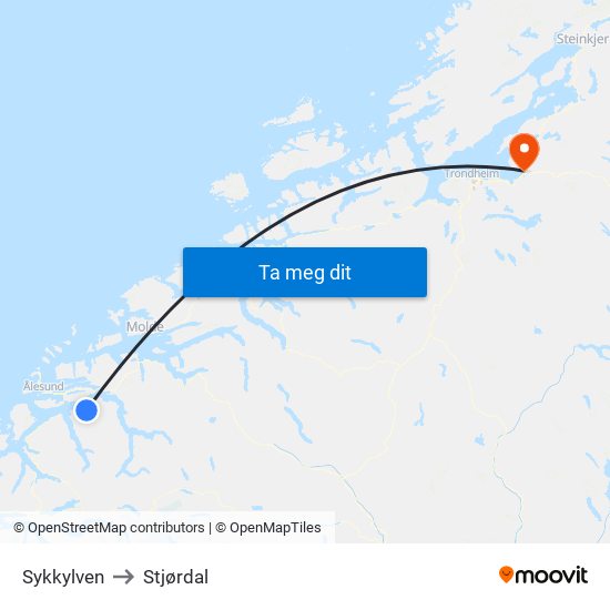 Sykkylven to Stjørdal map