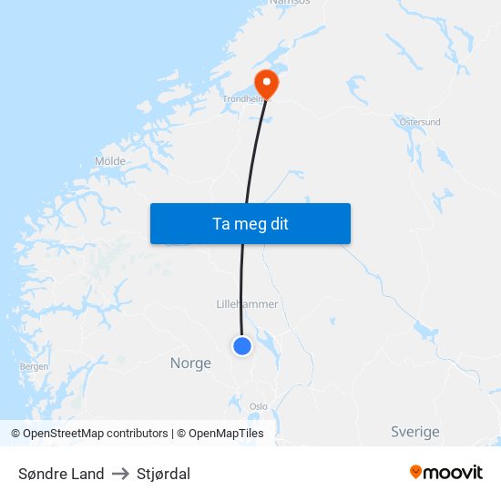 Søndre Land to Stjørdal map