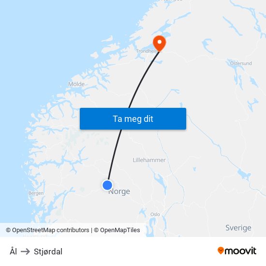 Ål to Stjørdal map
