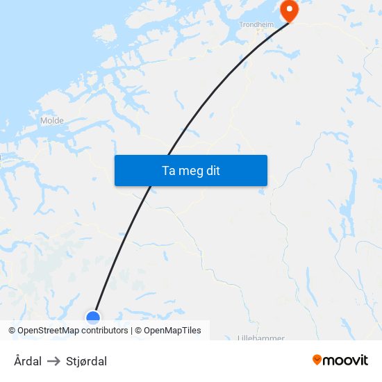 Årdal to Stjørdal map