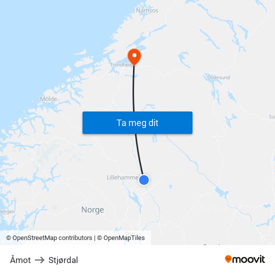 Åmot to Stjørdal map
