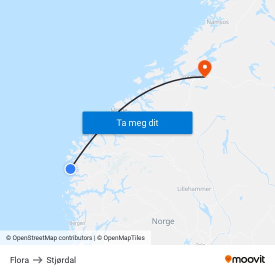 Flora to Stjørdal map