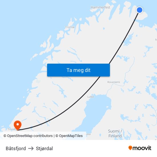 Båtsfjord to Stjørdal map
