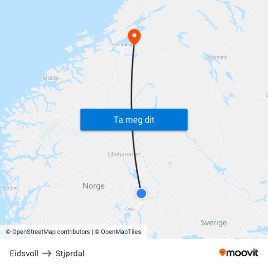 Eidsvoll to Stjørdal map