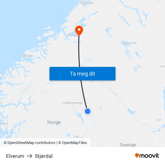 Elverum to Stjørdal map