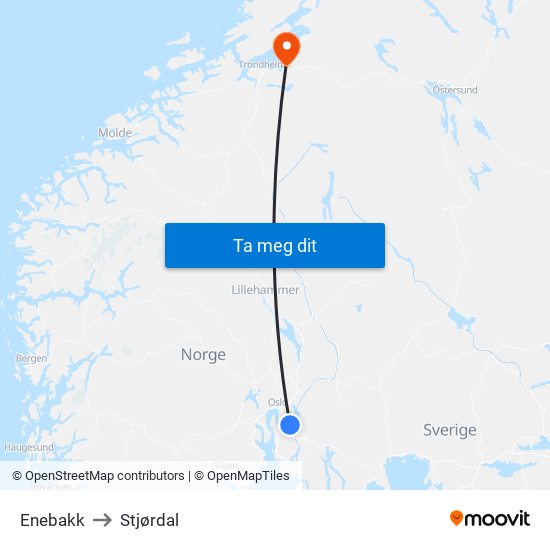 Enebakk to Stjørdal map
