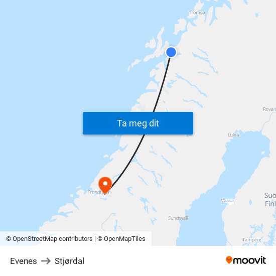 Evenes to Stjørdal map