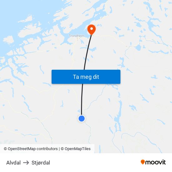 Alvdal to Stjørdal map