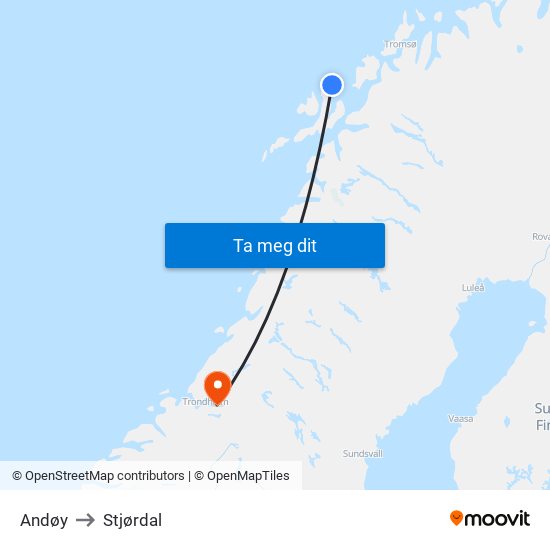 Andøy to Stjørdal map