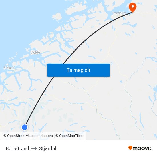 Balestrand to Stjørdal map
