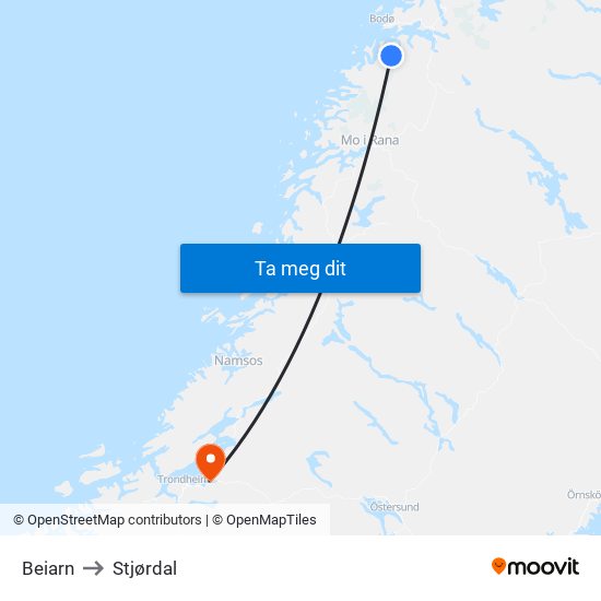 Beiarn to Stjørdal map