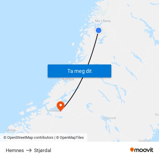 Hemnes to Stjørdal map