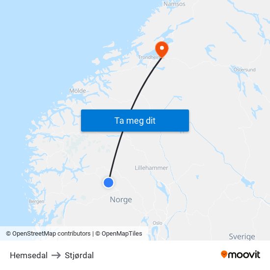 Hemsedal to Stjørdal map