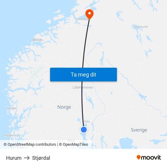 Hurum to Stjørdal map