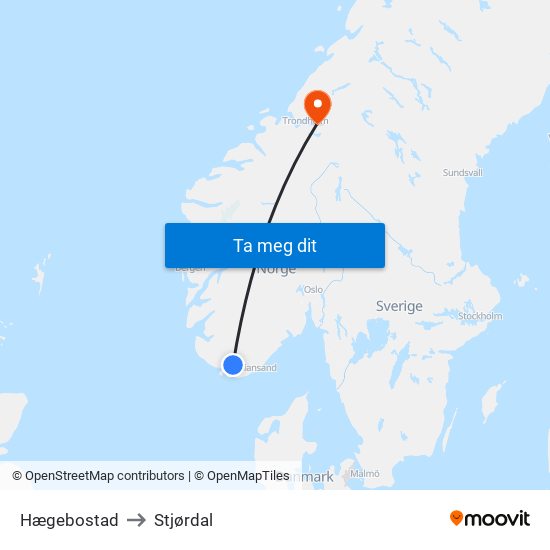Hægebostad to Stjørdal map