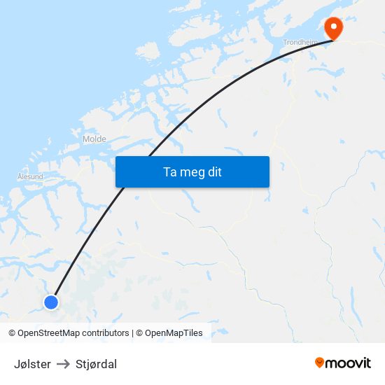 Jølster to Stjørdal map