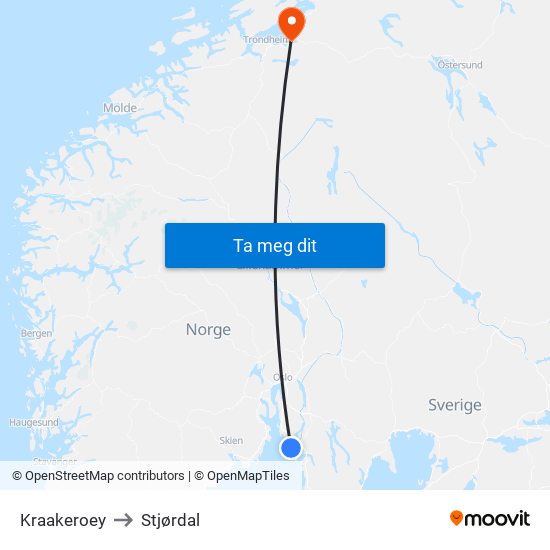 Kraakeroey to Stjørdal map