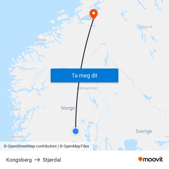 Kongsberg to Stjørdal map