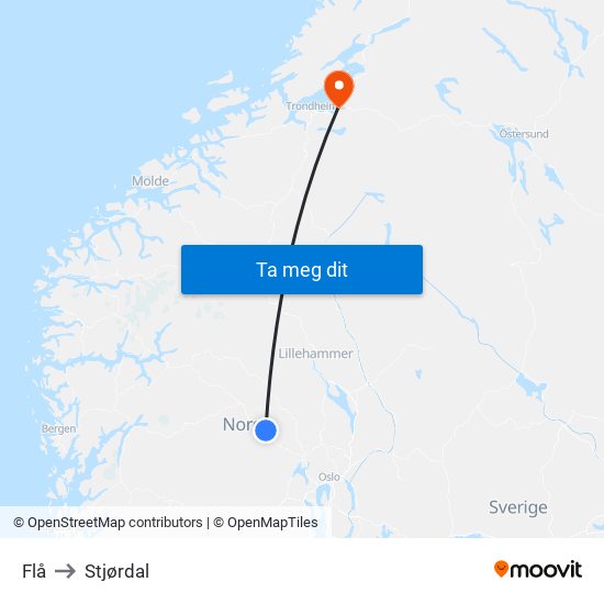 Flå to Stjørdal map