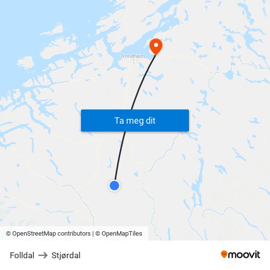 Folldal to Stjørdal map