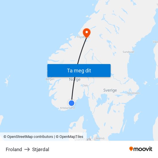 Froland to Stjørdal map