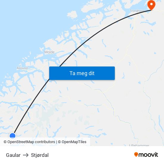 Gaular to Stjørdal map