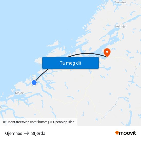 Gjemnes to Stjørdal map