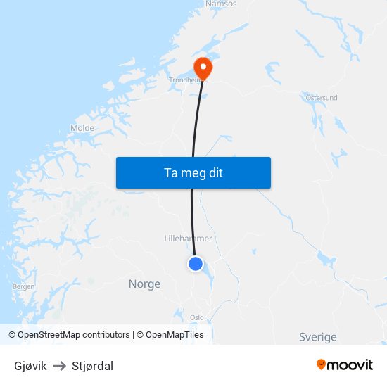 Gjøvik to Stjørdal map