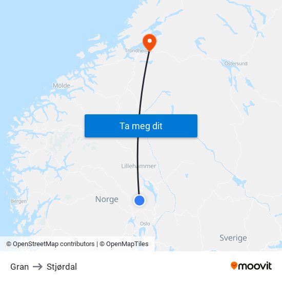 Gran to Stjørdal map