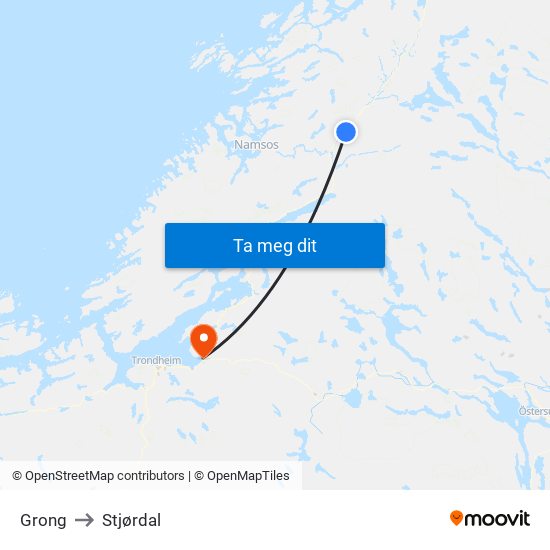 Grong to Stjørdal map