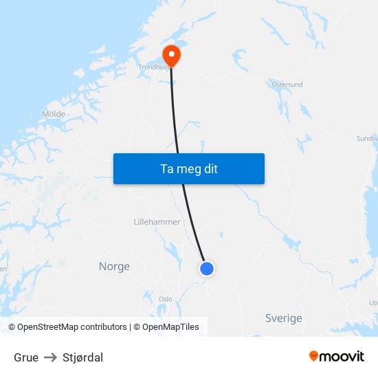 Grue to Stjørdal map