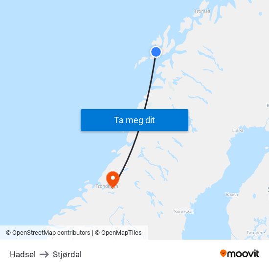 Hadsel to Stjørdal map