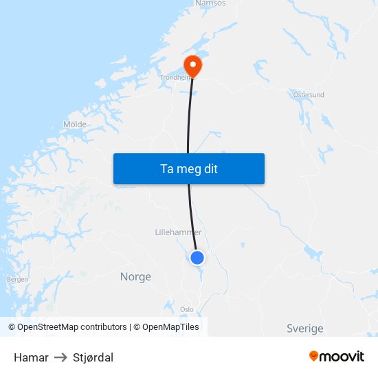 Hamar to Stjørdal map