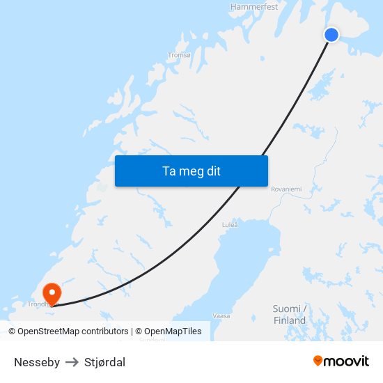 Nesseby to Stjørdal map