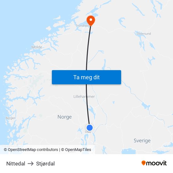 Nittedal to Stjørdal map
