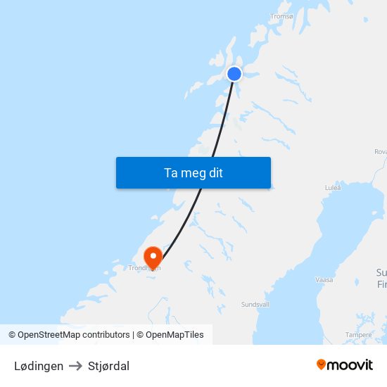 Lødingen to Stjørdal map